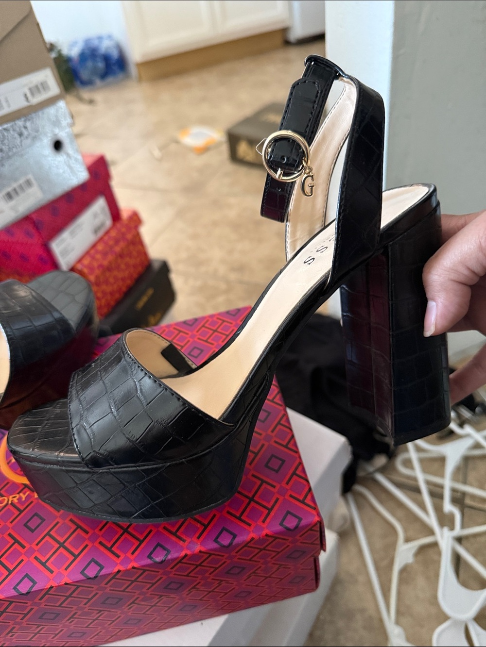 Guess Black Croc-Embossed Platform Heel Sandals with Ankle Strap